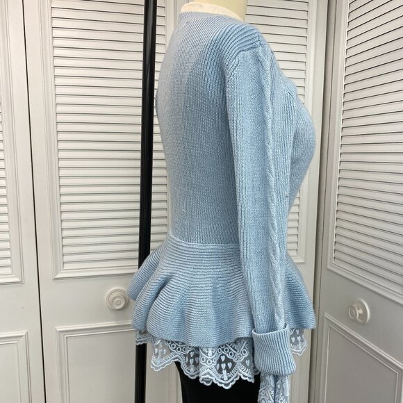 Endless Rose Pale Blue Sweater Sz M with peplum and lace - Picture 3 of 12